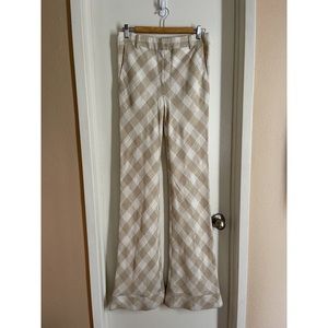Beige and white plaid linen wide leg pants